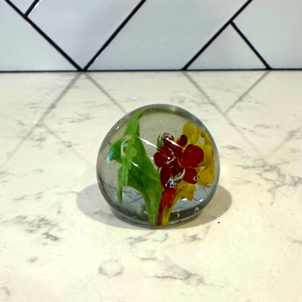 Vintage Art Glass Paperweight Color Bursts Red Yellow green abstract floral